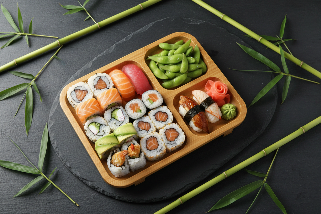 Plato de bambú con compartimentos estilo bandeja de sushi