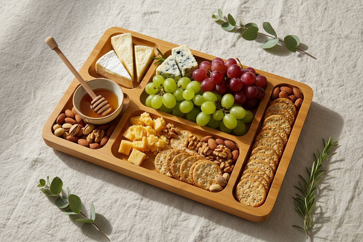 Plato de bambú con compartimentos estilo tabla de quesos